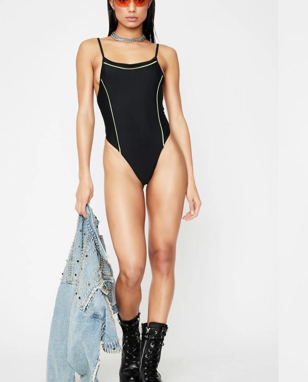 $69 NWT Motel dolce black contrast piping onepice bikini sz large